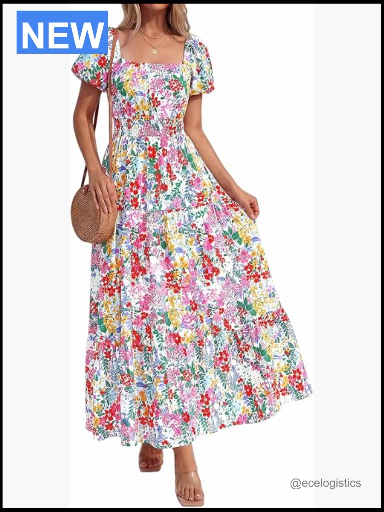 Floral Smocked Short Sleeve Maxi Dress With Pockets